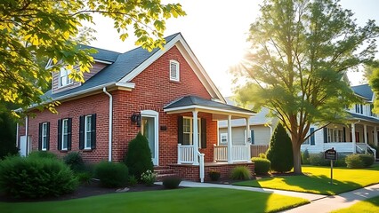 Charming suburban house with red brick facade and white trim bathed in morning sunlight.
