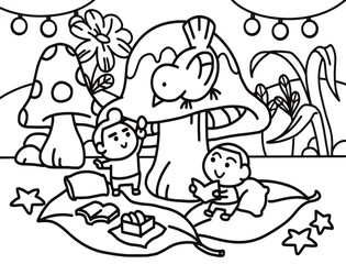 Little boys relaxing under mushroom tree at fantasy world