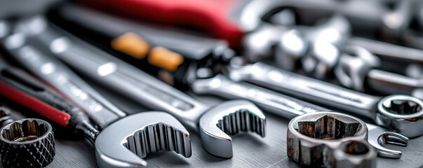 Fototapeta premium Collection of metal tools arranged neatly on a workbench for repair and maintenance tasks in a workshop