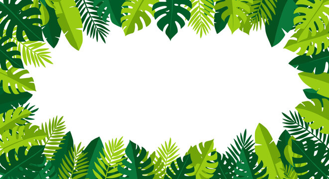 Tropical leaf border design with vibrant green foliage on white background