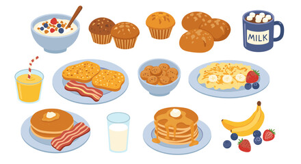 Delicious breakfast spread with pancakes, muffins, and fresh fruit