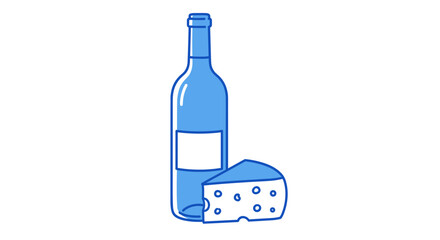 Minimalist wine bottle and cheese design in blue linear style