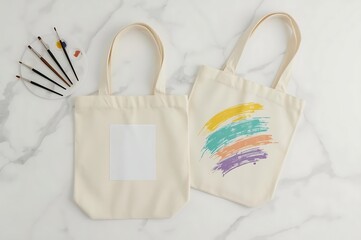 Two blank canvas tote bags displayed on a marble surface one with paintbrushes and a palette the other with colorful brush strokes