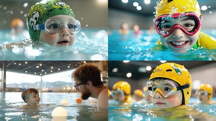 Child swimmers at pool, focus on happy faces and learning with instructor