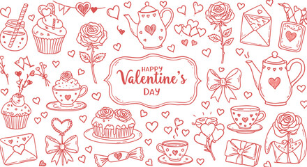 Charming valentine's day doodle pattern with hearts, roses, and cupcakes on white background