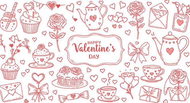 Charming valentine's day doodle pattern with hearts, roses, and cupcakes on white background