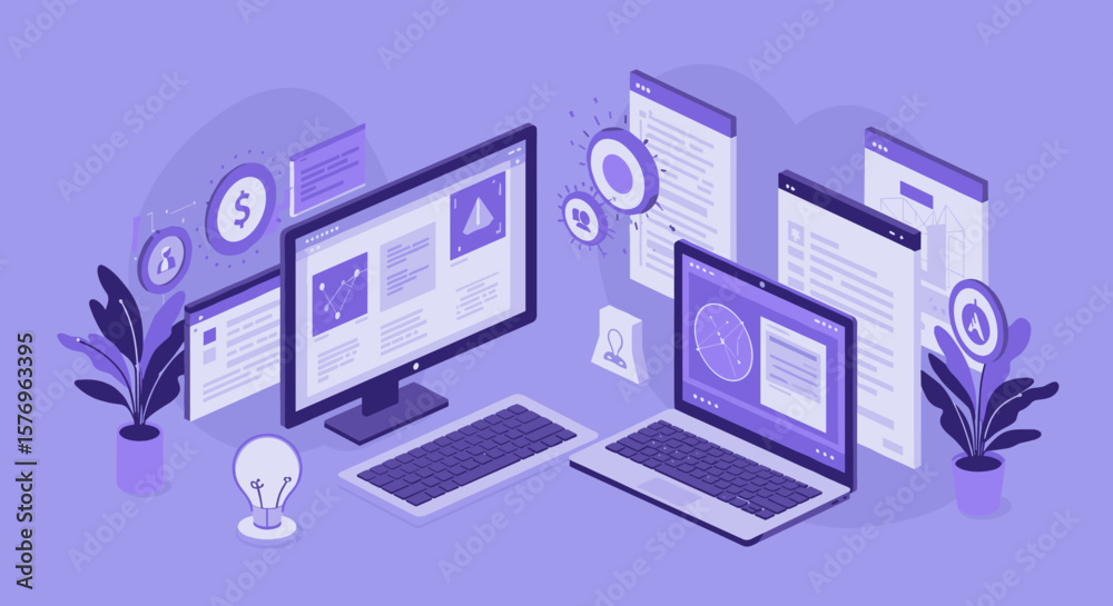 Poster isometric workspace with computers and analytics on purple background for tech design