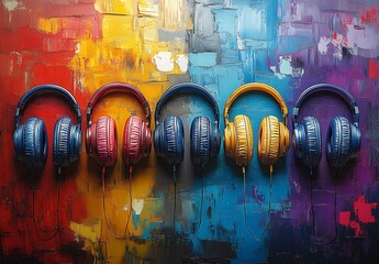 Row of Colorful Headphones Against Vibrant Abstract Background

