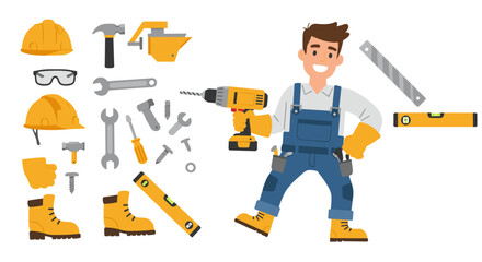 Handy worker character with tools in modern flat style for diy projects