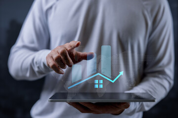 real estate investment concept energy efficiency rating and property value, Real estate online on virtual screens. new home for the family, home search, land price, property tax.