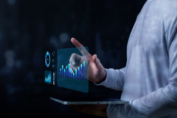Businessman touch investment growth graph chart and analysing growth achievement diagram data trading and exchange, Stock market, Investment, dynamics of financial growth of business