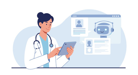 Doctor interacting with digital assistant in modern healthcare setting