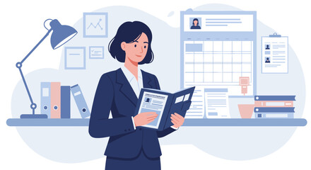 Office recruitment process with professional woman reading candidate profiles