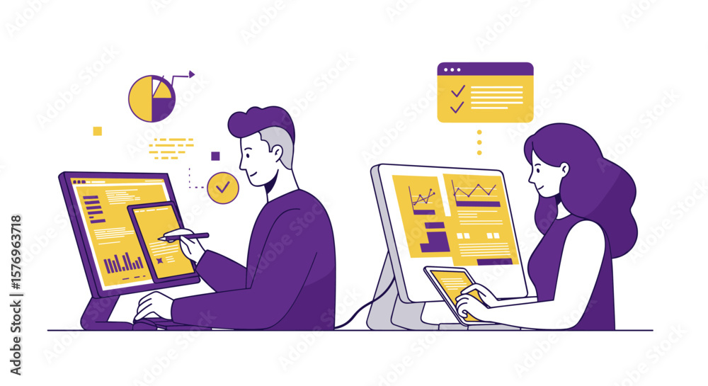 Poster flat design team analyzing data on computers with infographics