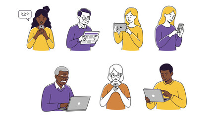 Flat style diverse people using technology devices