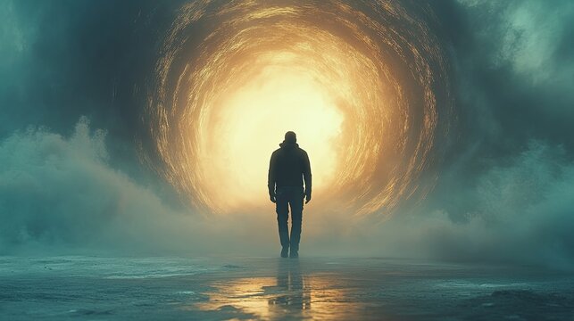 Silhouette of a person walking towards a luminous tunnel.