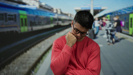 Young man with glasses in red sweater looking thoughtful at a bustling train station, suggesting...
