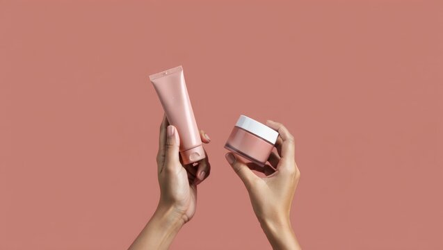 Hands holding skincare products against pink background. Mockup for design. Concept.