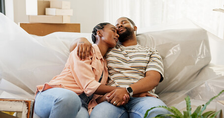 Black couple, hug and sleep on couch at new house for moving fatigue, property purchase and...