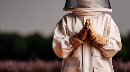 Beekeeper in protective suit in daylight for beekeeping and farming themes