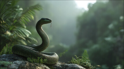 Naklejka premium A snake (green viper) coiled upright on a rocky jungle ridge, camera locked on its flicking tongue and scales, blurred lush vegetation behind, cinematic tension and realism.