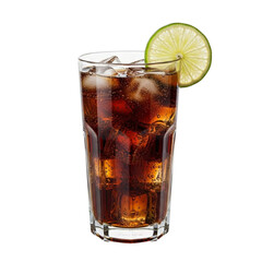 Refreshing cola drink with ice and lime slice isolated on transparent background