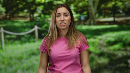 Fototapeta premium Woman expressing frustration in a peaceful park setting, wearing a pink shirt and showing emotion with her hands as she stands among the lush green outdoors.