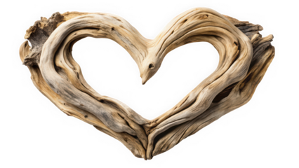 An artistic heart shape crafted from twisted driftwood, showcasing natural textures and warm earth tones, perfect for romantic decor or nature-themed designs.