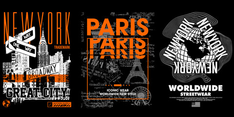 City Streetwear T-shirt designs : A set of three dynamic t-shirt designs showcase iconic city themes with a trendy streetwear aesthetic, blending urban art with contemporary style.