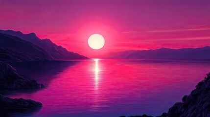 Vivid sunset over a tranquil ocean landscape.