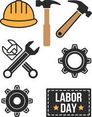 Fototapeta premium Labor Day Tools and Worker Symbol Icons Set with Gear, Hammer, Helmet, Wrench on White Background