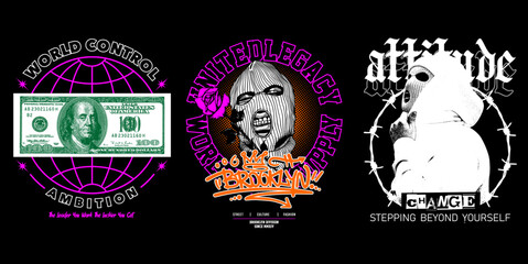 Urban Graphic Designs: Edgy graphics showcase a mix of monetary ambition and rebellious attitude, set against a background of dark mystery.