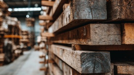 Industrial warehouse with stacked timber beams in neutral lighting
