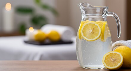 Glass Pitcher of Lemon Water On Wooden Surface in Bright Kitchen