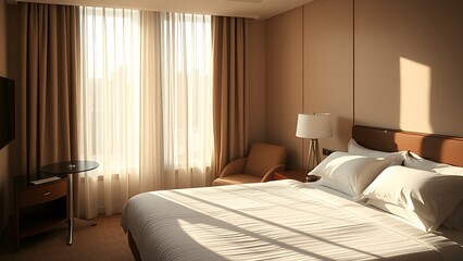 Stylish hotel room with crisp linens and morning sunlight filtering through sheer curtains.