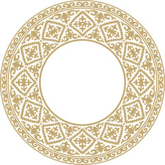 Vector golden round Kazakh national ornament. Ethnic pattern of the peoples of the Great Steppe, Mongols, Kyrgyz, Kalmyks, Buryats. circle, frame border.

