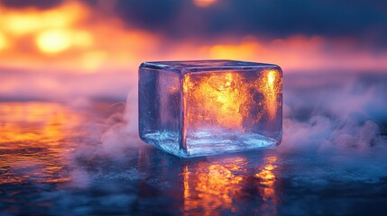 Frozen cube reflecting fiery sunset.