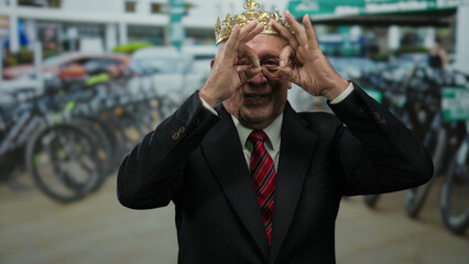 Senior man in a suit makes glasses gesture with fingers while wearing a crown, standing in an...