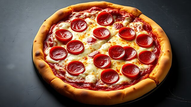 Pepperoni pizza with melted cheese on a dark slate, showcasing delicious comfort food.