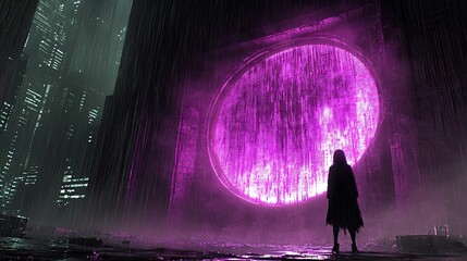 A large circular portal glows purple in a futuristic city shrouded in rain.