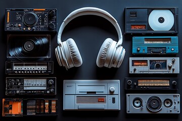 Vintage Audio Equipment Collection on Dark Surface

