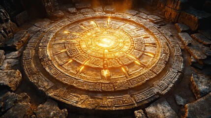 Ancient stone circle with intricate carvings and glowing center.