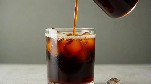 Watch rich cold brew iced coffee gracefully pour over ice, creating mesmerizing dark liquid swirls and bubbles against a calming neutral backdrop in smooth slow motion.