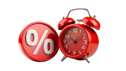 A red alarm clock with a percentage symbol isolated on transparent background