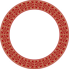 Vector round gold with red border, frame, Pompeii ring. Circle Neopolitan ornament. Art of Ancient Rome.
