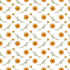 Bright orange flowers create a vibrant pattern on a white background, perfect for textile design or wallpapers