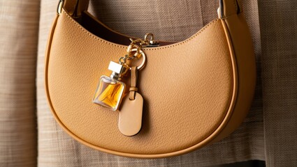 Elegant leather handbag with perfume keychain and textured background