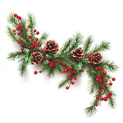 Christmas garland with red berries and green fir branches, isolated on a white background.