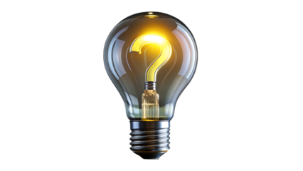 A glowing lightbulb with a question mark isolated on transparent background