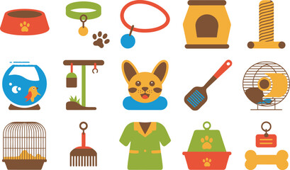 Assortment of Pet Supplies and Accessories in Flat Style